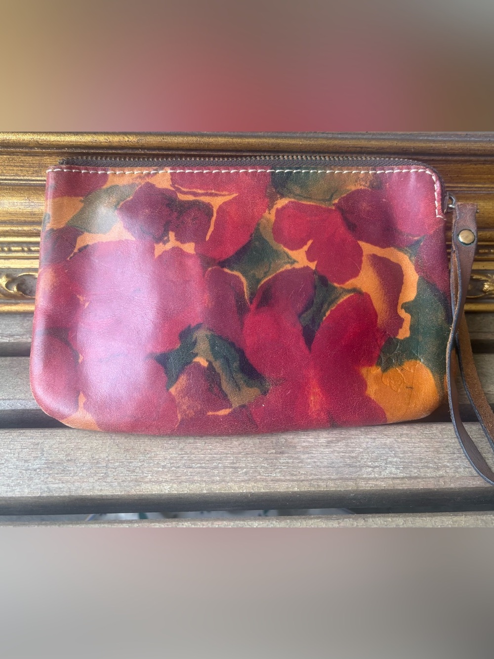 Patricia Nash Red Multi Floral Leather Wristlet Clutch